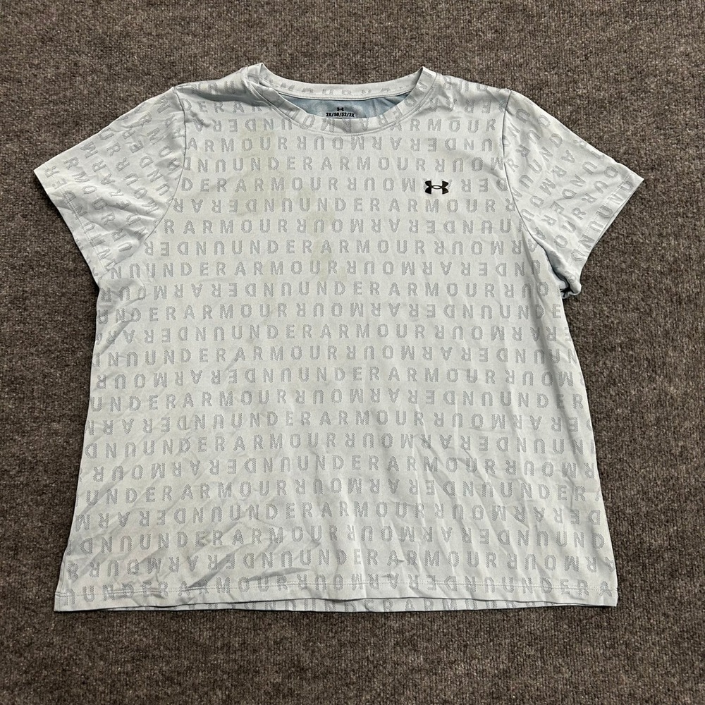 Under Armour Shirt Womens Size 2X Blue All Over Print Loose Fit Athletic Stained